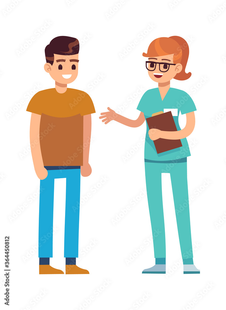 Doctor or nurse and patient. Professional medical help, character physician with sick man, examination in clinic, medicine healthcare concept, vector cartoon illustration Doctor or nurse and patient. Professional medical help, character physician with sick man, examination in clinic, medicine healthcare concept, vector cartoon illustration