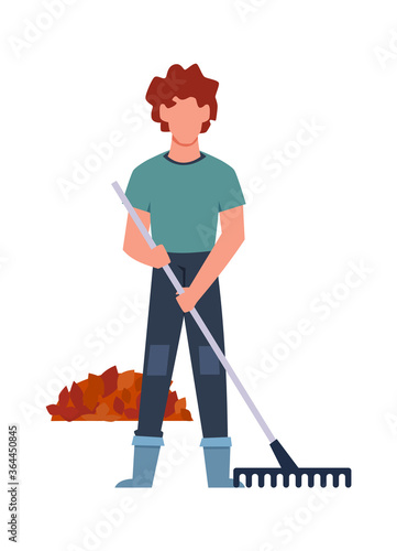 Gardener performs seasonal work. Male character collects leaves in bunch with rake, autumn garden work, cartoon flat vector isolated character