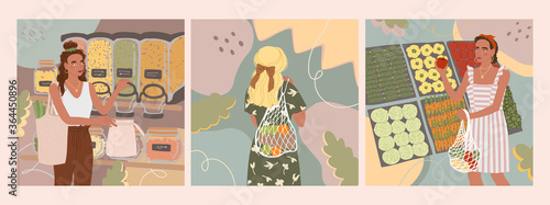 Vector colorful set with illustrations of cute young girl with eco bag buy food in the store or market, trendy dressed on abstract backgrounds. Zero waste concept.