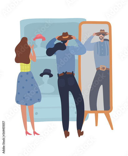 People shopping second hand. Man tries on hat in front of mirror, a woman chooses product, shoppers in store or bazaar, swap party on flea market, cartoon flat vector character photo