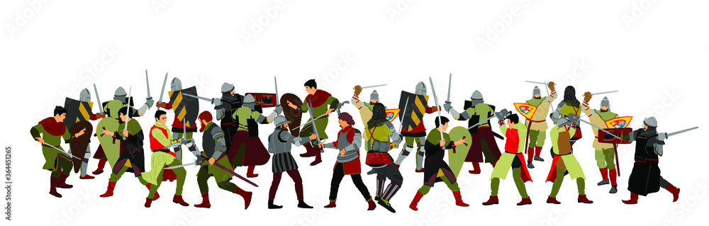 Knights in armor with sword fight vector illustration isolated on white. Medieval fighters in battle. Hero protects castle walls. Armed man defend honor of family people. Protect country against enemy Knights in armor with sword fight vector illustration isolated on white. Medieval fighters in battle. Hero protects castle walls. Armed man defend honor of family people. Protect country against enemy