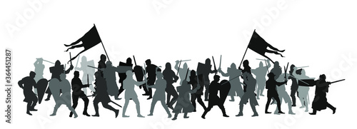 Knights in armor with sword fight vector silhouette isolated on white. Medieval fighters in battle. Hero protects castle walls. Armed man defend honor of family people. Protect country against enemy.