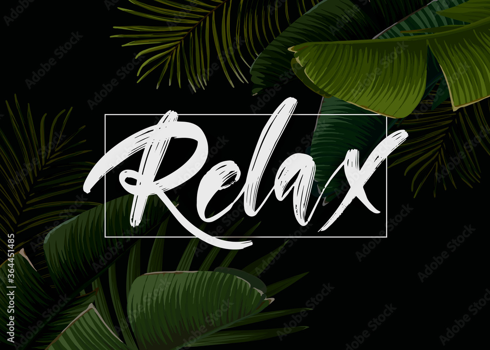 Fototapeta premium Dark tropical summer design with banana palm leaves, glowing frame and space for text. Vector flyer, banner or card template. Summer vector background.