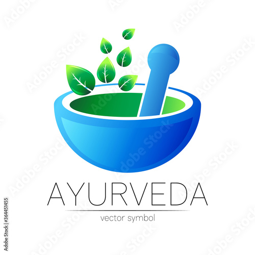 Ayurvedic Creative vector logotype or symbol. Mortar and pestle concept for business, medicine, therapy, pharmacy. Herbal ayurveda Logo Design for label. Simple bowl and leaves.