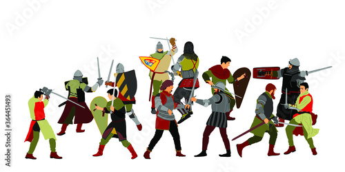 Knights in armor with sword fight vector illustration isolated on white. Medieval fighters in battle. Hero protects castle walls. Armed man defend honor of family people. Protect country against enemy