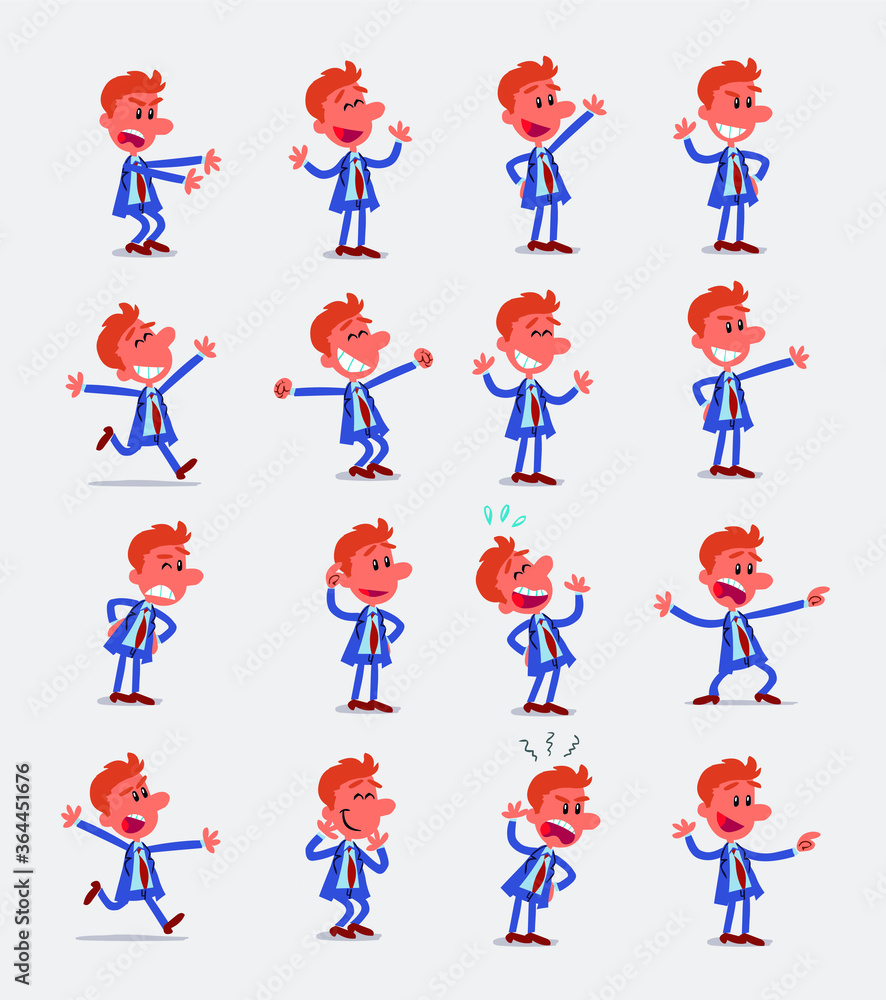 Cartoon character businessman in smart casual style. Set with different postures, attitudes and poses, doing different activities in isolated vector illustrations. Cartoon character businessman in smart casual style. Set with different postures, attitudes and poses, doing different activities in isolated vector illustrations.
