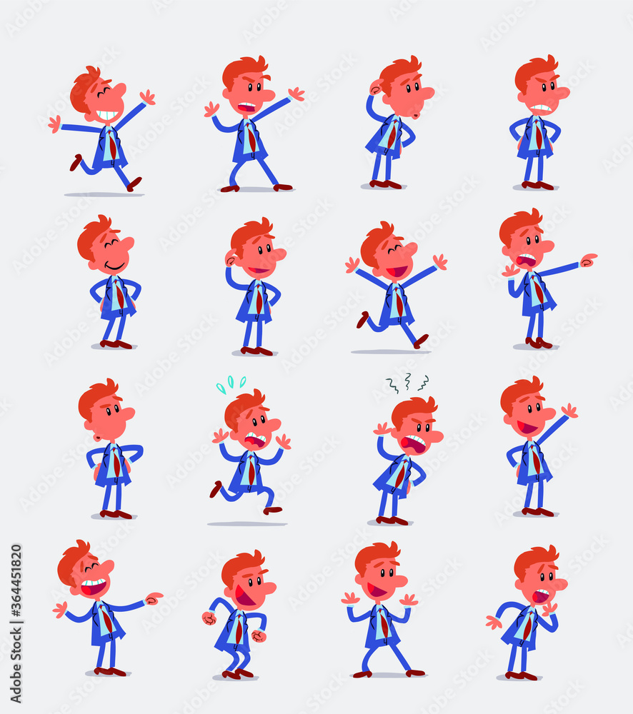 Cartoon character businessman in smart casual style. Set with different postures, attitudes and poses, doing different activities in isolated vector illustrations. Cartoon character businessman in smart casual style. Set with different postures, attitudes and poses, doing different activities in isolated vector illustrations.