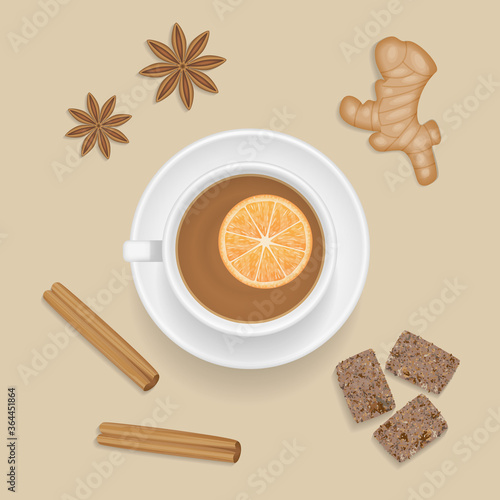 Vector illustration. Indian masala tea with spices. Top view. Cup with tea, star anise, cinnamon sticks, brown sugar. View from above.