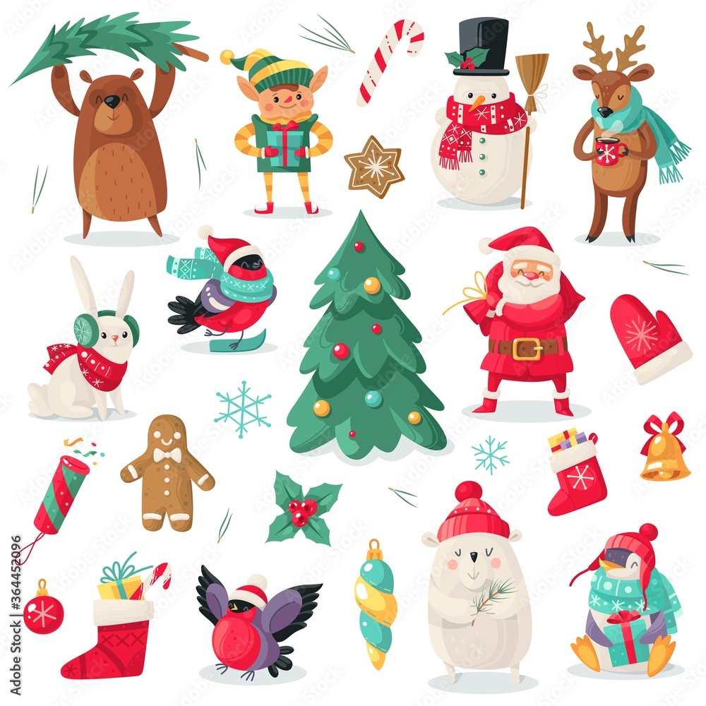 Christmas characters. Cartoon animals bullfinch, bear and penguin, gift. Santa and snowman, holiday tree, elf and deer new year vector set