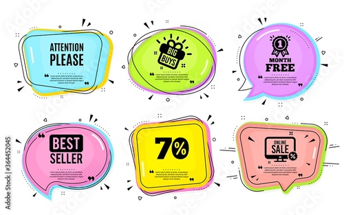 Attention please. Big buys, online shopping. Special offer sign. Important information symbol. Quotation bubble. Banner badge, texting quote boxes. Attention please text. Coupon offer. Vector