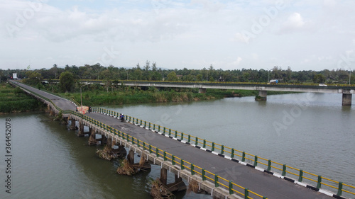 Aerial view of Srandakan long bridge that crosses the river Progo. Yogyakarta Indonesia
