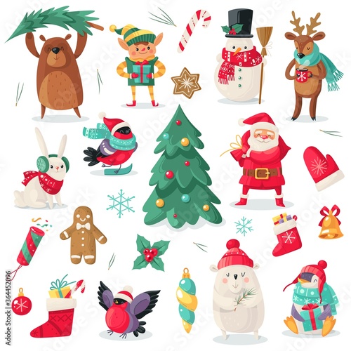 Christmas characters. Cartoon animals bullfinch  bear and penguin  gift. Santa and snowman  holiday tree  elf and deer new year vector set
