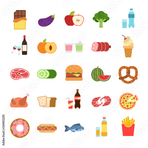 Flat food. Hamburger and bread, pizza and fruits, drinks. Vegetables, alcohol and meat, vine and water, seafood, takeaway vector icons