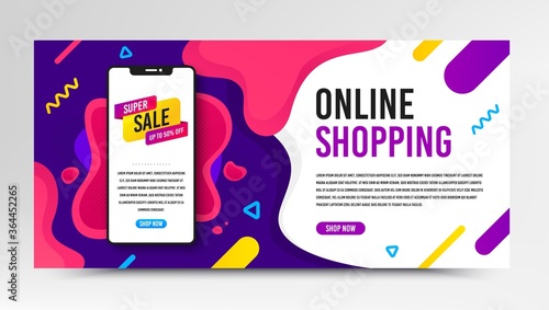 Super sale badge. Phone screen mockup fluid banner. Discount banner shape. Coupon bubble icon. Social media banner with smartphone screen. Shopping mockup web template. Super sale promotion. Vector