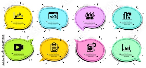 Project deadline, Website statistics and Candlestick graph signs. Chat bubbles with quotes. Dot plot, Decreasing graph and Video camera line icons set. Group, Rfp symbols. Vector