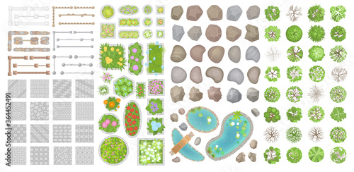 Set of park elements. (Top view) Collection for landscape design, plan, maps. (View from above) Pavements, stones, trees, flower beds, fence.