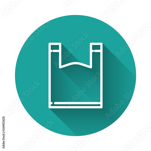 White line Plastic bag icon isolated with long shadow. Disposable cellophane and polythene package prohibition sign. Green circle button. Vector Illustration.