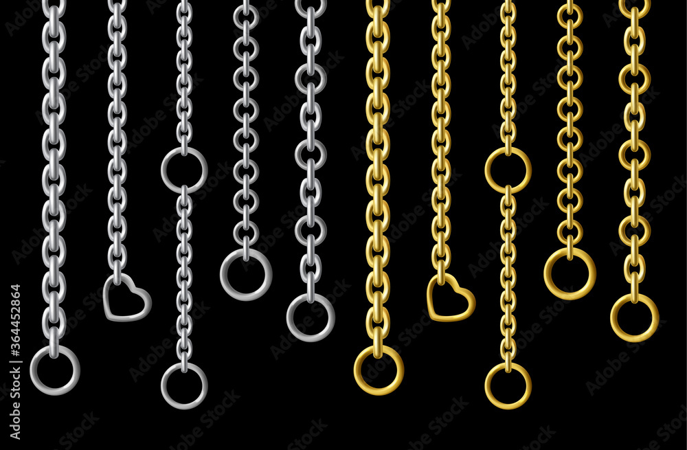Silver and gold metal chains hanging vertically isolated on black background. Vector set of steel chains with different shapes and sizes of links. Realistic connected stainless rings, upright jewelry. Silver and gold metal chains hanging vertically isolated on black background. Vector set of steel chains with different shapes and sizes of links. Realistic connected stainless rings, upright jewelry.