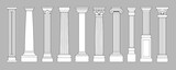 Ancient pillars. Classic historical roman column, antique architecture greece different columns, architectural line style vector set