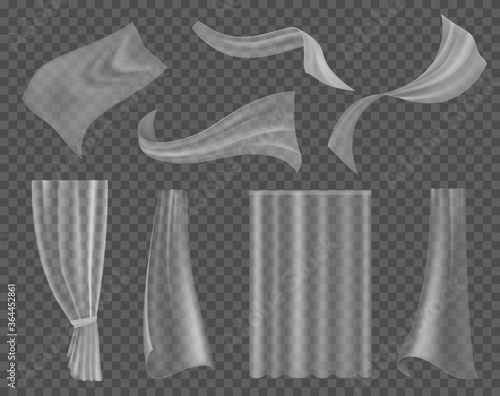 Fluttering transparent fabric. Lightweight clear drapery different forms textile curtain, hanging wave curtains window decor 3d vector set