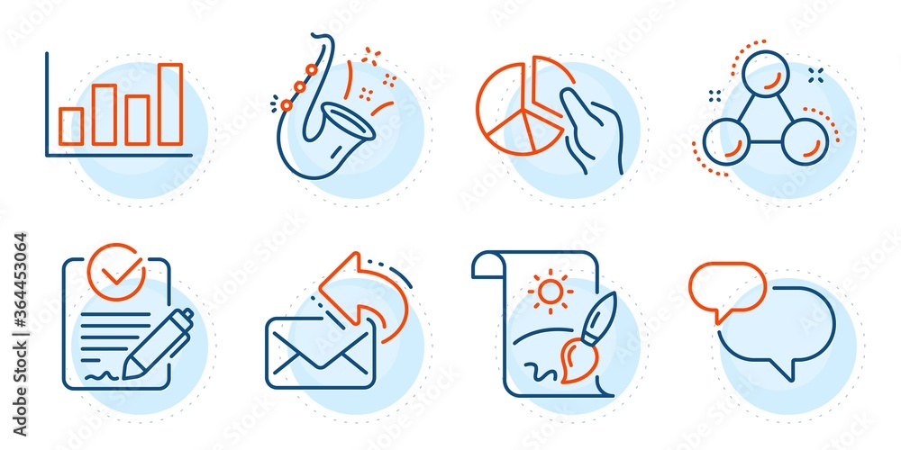 Chemistry molecule, Pie chart and Jazz signs. Share mail, Chat message and Rfp line icons set. Creative painting, Report diagram symbols. New e-mail, Speech bubble. Education set. Vector Chemistry molecule, Pie chart and Jazz signs. Share mail, Chat message and Rfp line icons set. Creative painting, Report diagram symbols. New e-mail, Speech bubble. Education set. Vector
