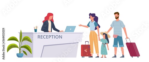 Family at hotel reception. Check into hostel tourists, guests with suitcases, registration service. Woman man and child booking room. Travellers in lobby vector flat concept