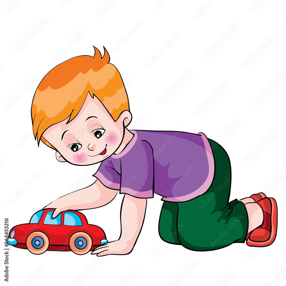 boy plays with a toy car, cartoon illustration, isolated object on a fir  tree background, vector illustration, Stock Vector | Adobe Stock