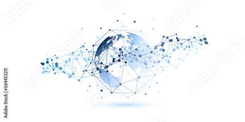 Abstract Blue and White Minimal Style Cloud Computing, Networks Structure, Telecommunications Concept Design, Network Connections, Transparent Geometric Mesh, Earth Globe - Vector Illustration