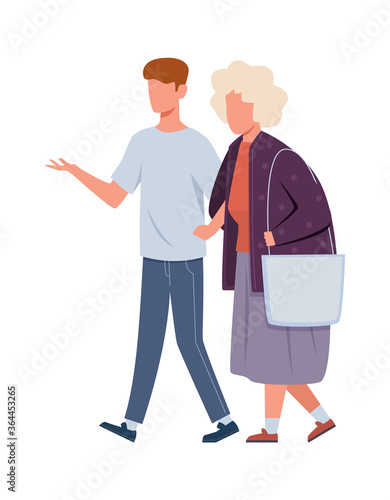 Volunteers help old woman. Young volunteer man caring for elderly human, supporting aged, walking with grandmother, vector cartoon isolated illustration in flat style