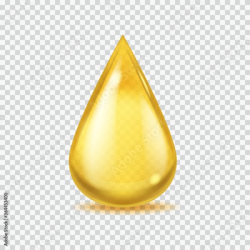 Realistic oil drop. Gold vector honey or petroleum droplet, icon of essential aroma or olive oils, vector illustration on transparent background