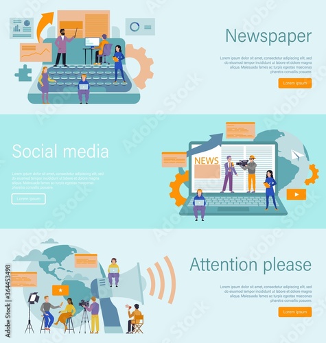 Journalist concept. Mass media profession, internet and radio journalism, online news blog landing page, newspaper and tv digital web template, vector flat illustration