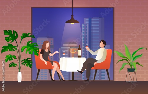 People in restaurant. Loving couple man and woman sit at table drink vine talking, celebrate holiday in evening cafe interior, romantic relationships vector cartoon illustration