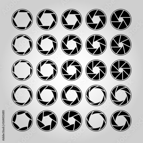 Camera lens diaphragm. Shutter aperture pictogram, optical lenses. Collection of photo camera snap optics with different position of petals. Outline vector isolated collection
