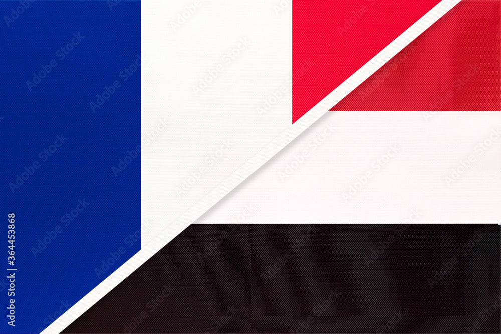 France and Yemen, symbol of national flags from textile. Championship between two countries.