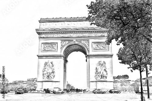 drawing style representing a glimpse of the Arc de Triomphe in Paris