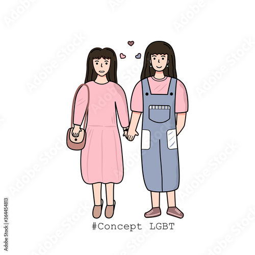 Concept LGBT. Cartoon couple lesbians on white background. Vector illustration in flat character cartoon design. Same sex marriage, romantic homosexual relationship. 
