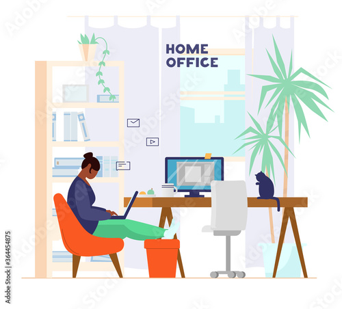African American Woman Working Or Studying at laptop from home. Home Office Interior with plants and cat. Flat vector illustration.