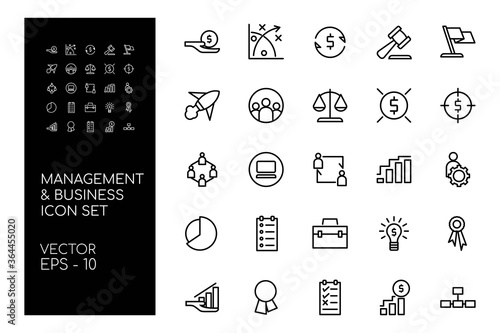 Icon Set of Business and Management with Line Concept Isolated on White Background. This Bundle Consists of 25 Icon, among them : Funding, Teamwork, System, Contract, etc. - Vector Illustration.