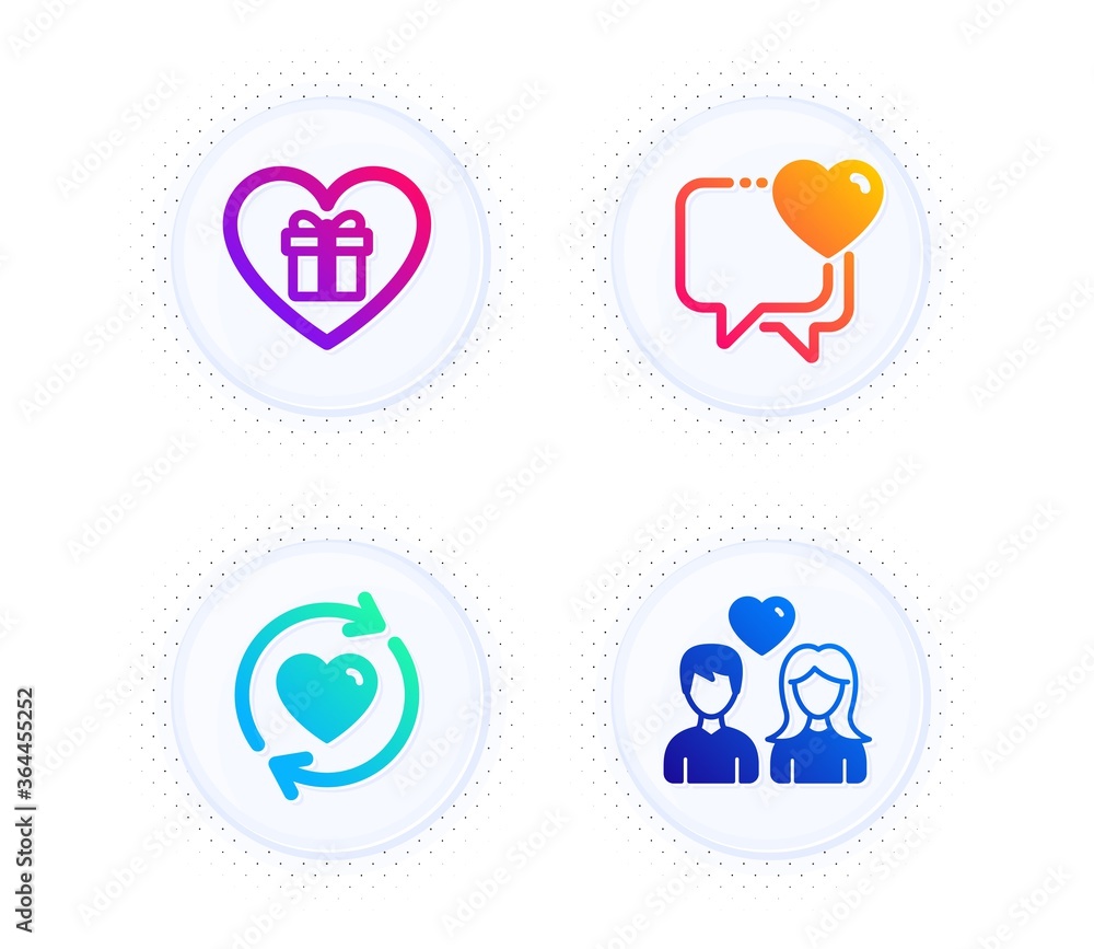 Update relationships, Romantic gift and Heart icons simple set. Button with halftone dots. Couple love sign. Refresh love. Love set. Gradient flat update relationships icon. Vector Update relationships, Romantic gift and Heart icons simple set. Button with halftone dots. Couple love sign. Refresh love. Love set. Gradient flat update relationships icon. Vector