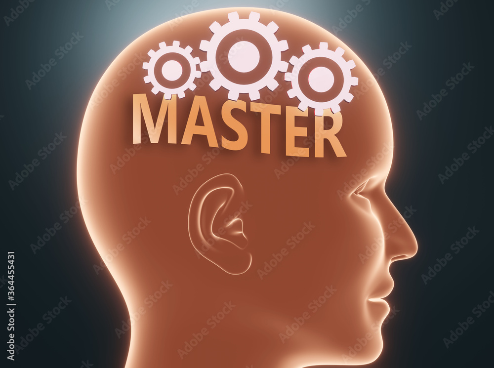 Master inside human mind - pictured as word Master inside a head with cogwheels to symbolize that Master is what people may think about and that it affects their behavior, 3d illustration