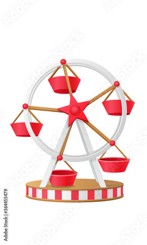 red retro style carnival small observation ferris wheel isolated on white background. 3d realistic vector illustration