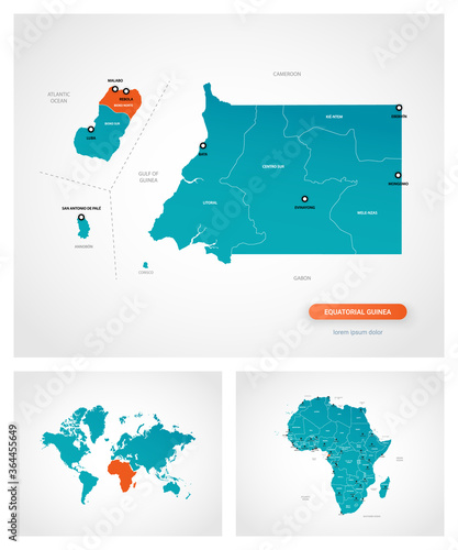 Editable template of map of Equatorial Guinea with marks. Equatorial Guinea on world map and on Africa map.