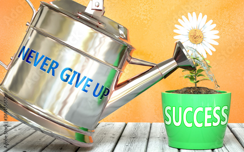 Never give up helps achieve success - pictured as word Never give up on a watering can to show that it makes success to grow and it is essential for profit in life, 3d illustration