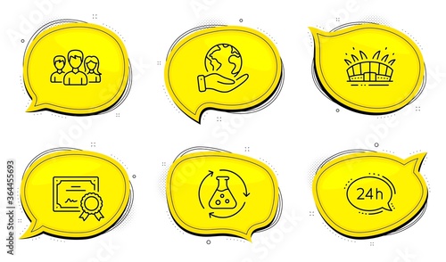 Arena stadium sign. Diploma certificate, save planet chat bubbles. Chemistry experiment, 24h service and Teamwork line icons set. Laboratory flask, Call support, Group of users. Sport complex. Vector