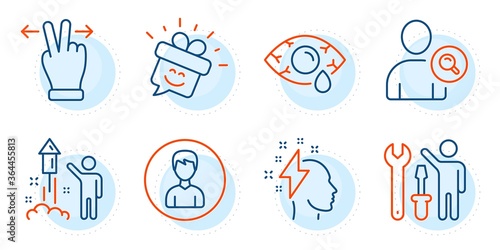 Ð¡onjunctivitis eye, Brainstorming and Person signs. Touchscreen gesture, Find user and Fireworks line icons set. Repairman, Smile symbols. Swipe, Search person. People set. Outline icons set. Vector
