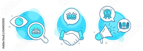 Sports stadium, Arena stadium and Laureate award line icons set. Handshake deal, research and promotion complex icons. Reward sign. Championship arena, Sport complex, Prize. First place. Vector