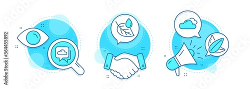 Weather forecast, Sunflower seed and Cloudy weather line icons set. Handshake deal, research and promotion complex icons. Leaf dew sign. Cloudy, Vegetarian food, Sky climate. Water drop. Vector