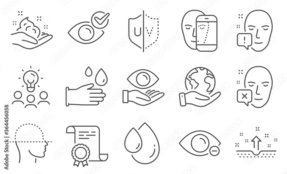 Set of Medical icons, such as Health eye, Face declined. Diploma, ideas, save planet. Rubber gloves, Oil drop, Clean skin. Myopia, Skin care, Face attention. Vector