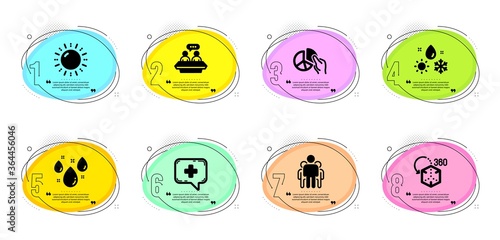 Pie chart, Augmented reality and Group signs. Timeline infographic. Employees talk, Rainy weather and Medical chat line icons set. Weather, Sun energy symbols. Collaboration, Water drop. Vector