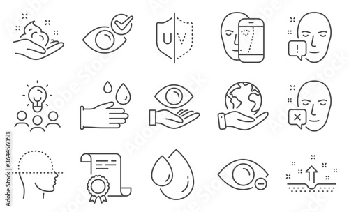 Set of Medical icons, such as Health eye, Face declined. Diploma, ideas, save planet. Rubber gloves, Oil drop, Clean skin. Myopia, Skin care, Face attention. Vector